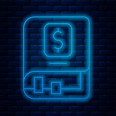 Parlayan neon hattı Finansal kitap ikonu tuğla duvar arka planında izole edildi. Vektör.