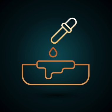 Koyu mavi arka planda izole edilmiş pipet ikonlu altın çizgili Petri kabı. Vektör.