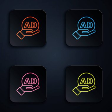 Renk neon çizgisi reklam simgesi siyah arkaplanda izole edildi. Pazarlama ve tanıtım süreci kavramı. İlgili reklamlar. Sosyal medya reklamcılığı. Kare düğmelere simgeleri yerleştir. Vektör.