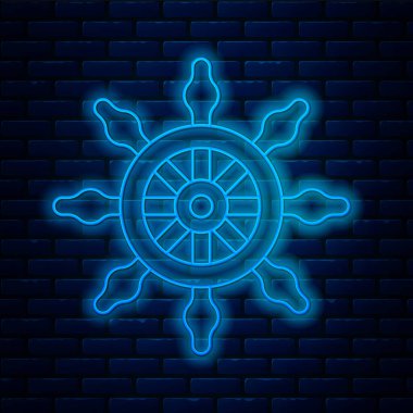 Parlayan neon hattı direksiyon ikonu tuğla duvar arka planında izole edildi. Vektör