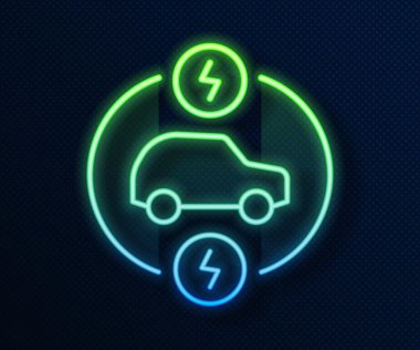 Parlak neon hattı elektrikli araba ve elektrik kablosu şarj ikonu mavi arka planda izole edildi. Yenilenebilir ekolojik teknolojiler. Vektör