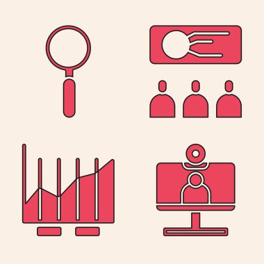 Video sohbet konferansı, büyüteç, eğitim, sunum ve turta grafik ikonu ayarlayın. Vektör.