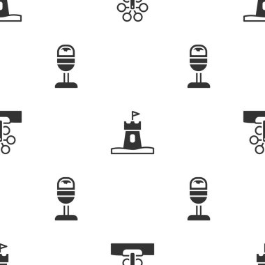 Dönme dolap, kum kulesi ve çöp tenekesini kusursuz desene ayarlayın. Vektör.