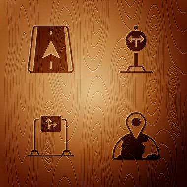 Yerleşim yeri, şehir haritası navigasyonu, yol trafik işareti ve yol ayrımını tahta arka planda ayarla. Vektör.