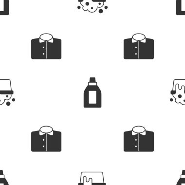 Havzayı sabun köpüğüyle, şişeyi temizlik malzemesi ve tişörtü pürüzsüz desenle hazırla. Vektör.