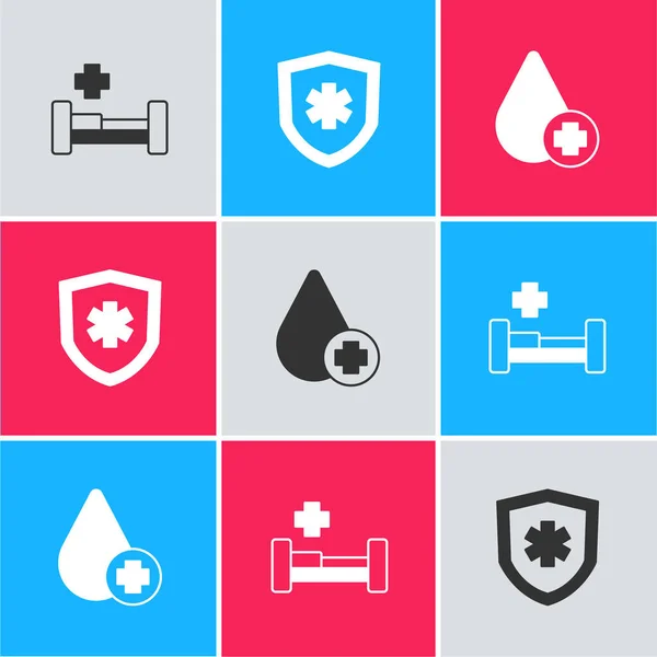 Σετ Νοσοκομείο Κρεβάτι Ασφάλεια Ζωής Και Donate Εικονίδιο Αίματος Σταγόνα — Διανυσματικό Αρχείο