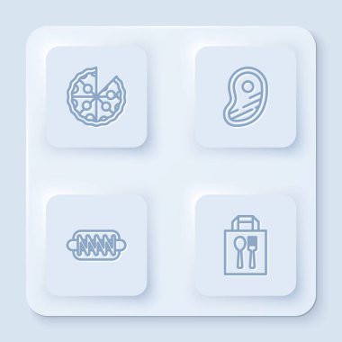 Pizza, biftek, Hotdog sandviçi ve internetten sipariş. Beyaz kare düğme. Vektör.