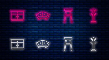 Koltuk, sandalye, mobilya sehpası ve palto. Tuğla duvarda parlayan neon simgesi. Vektör.