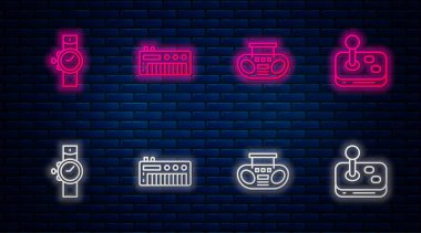 Çizgi müzik sentezleyicisi, iki hoparlörlü ev teybi, kol saati ve Joystick. Tuğla duvarda parlayan neon simgesi. Vektör.