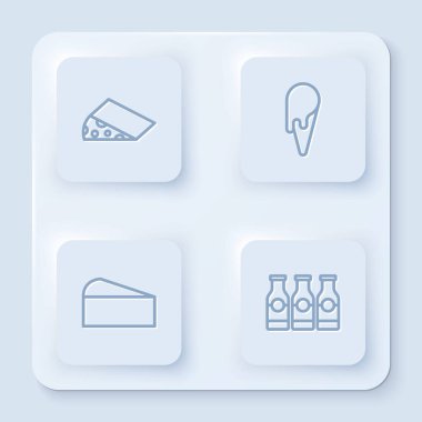 Çizgi çizgisi Cheese, kremalı dondurma ve sütlü şişe. Beyaz kare düğme. Vektör.