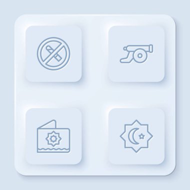 Çizgi No Smoking, Ramazan topu, Octagonal star ve... Beyaz kare düğme. Vektör.