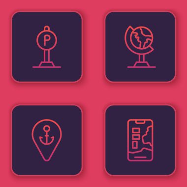 Hat parkı, çapalı konum, dünya küresi ve şehir haritası navigasyonu. Mavi kare düğme. Vektör.