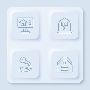 Çevrimiçi Emlak Evi 'nin anahtarı ve Garajı. Beyaz kare düğme. Vektör.