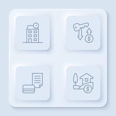 Kiralık Ev Kredi Kartı 'nı dolarla birlikte ayarla. Beyaz kare düğme. Vektör.