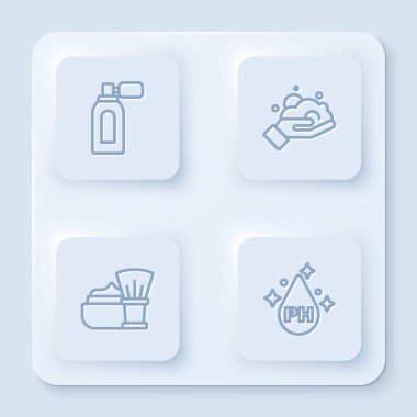 Saç bakımı için traş losyonunu, traş köpüğünü el fırçasına ve yağ köpüğüne ayarla. Beyaz kare düğme. Vektör.