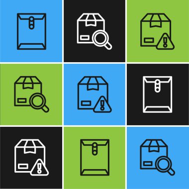 Kalkan ve Arama paket simgesi ile Zarf Teslimat güvenliğini ayarlayın. Vektör.