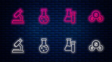 Test tüpü mikroskobu ve sülfür dioksit SO2 'yi hazırlayın. Tuğla duvarda parlayan neon simgesi. Vektör.