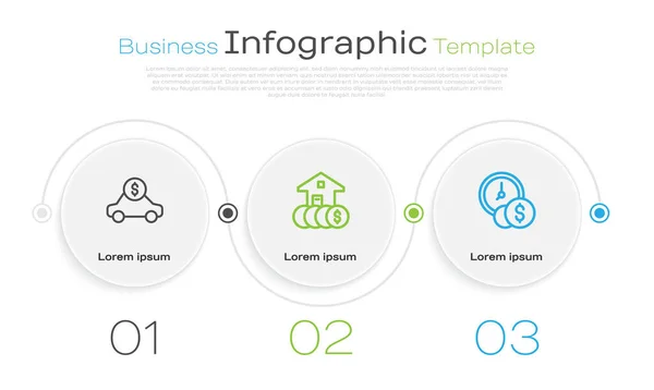 Set Line Alquiler Coches Casa Con Dólar Tiempo Dinero Plantilla — Vector de stock