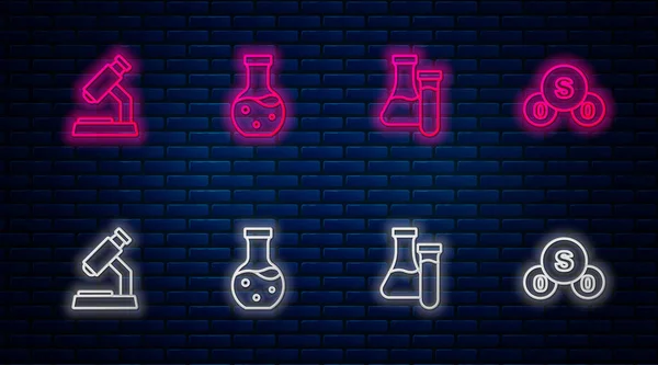 Set Line Reagenzglas Mikroskop Und Schwefeldioxid So2 Leuchtendes Neon Symbol — Stockvektor