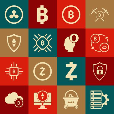 Sunucu ve teçhizat ayarla, Kalkan güvenliği kilitle, Kripto para değişimi, bozuk para Bitcoin, İşlemci çiftliği, Ethereum ETH, Ripple XRP ve ikon düşün. Vektör
