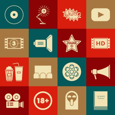 Senaryo, Megaphone, 4k film, teyp, çerçeve, Bang konuşma balonu, film spotları, Play Video, CD veya DVD diski ve ünlü ünlülerin ünlü bulvarı ikonu Hollywood yürüyüşü. Vektör