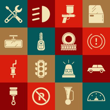 Hız göstergesi araba fren sistemi uyarı tabancası anahtarını uzaktan ayna, tornavida, anahtar ve tekerlek simgesi ile ayarla. Vektör.