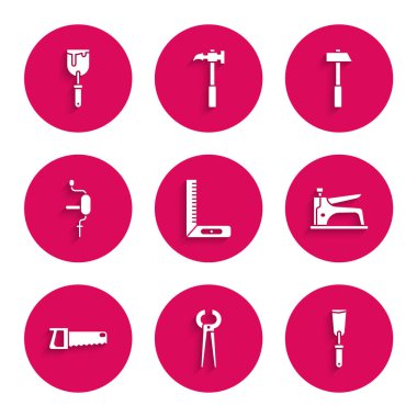 Köşedeki cetvel, kıskaç ve kerpeten, macun bıçağı, inşaat zımbası, el testeresi, matkap, çekiç ve ikon. Vektör