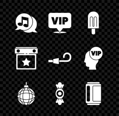 Konuşma balonunda müzikal notayı ayarla, Konum Vip, dondurma, disko topu, Candy, bira kutusu, takvim partisi ve doğum günü kornosu ikonu. Vektör