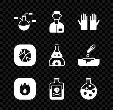 Test tüpü ve matara, laboratuvar asistanı, tıbbi lastik eldivenler, yangın alevi, şişedeki zehir, tuz taşı ve ateş ikonu. Vektör