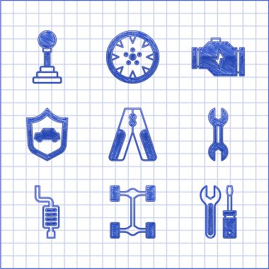 Araba akü şarj kablosu, Chassis arabası, tornavida ve ingiliz anahtarı, İngiliz anahtarı, susturucu, kalkan, motor kontrolü ve vites kutusu ikonu. Vektör