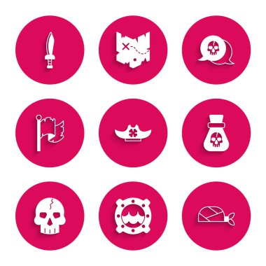 Korsan şapkası, deniz manzaralı gemi penceresi, kafa, para, kafatası, bayrak ve kılıç simgesi. Vektör