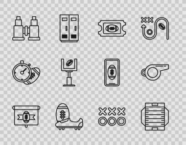 Çizgi Amerikan futbolunu TV programına, sahaya, futbola, futbola ya da sivri uçlu ayakkabılara, dürbüne, kale direğine ve planlama stratejisi konseptine ve Whistle ikonuna ayarla. Vektör