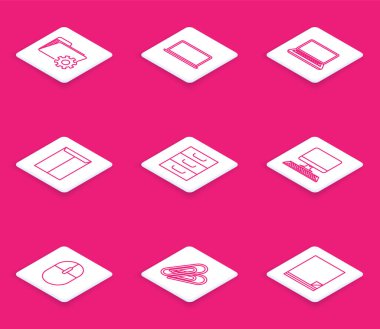 Dişliler, Laptop, Zarf, Çekmece belgeleri, Bilgisayar monitörü klavyesi, fare ve ataç simgesi içeren satır dizini ayarlarını ayarla. Vektör