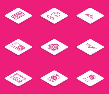 Hat Smartphone ile elektronik uçuş kartı, Mısır piramitleri, Action extreme camera, Globe uçuş uçağı, Drone aksiyon videosu, posta pulu ve dağ ve pasaport ikonu. Vektör