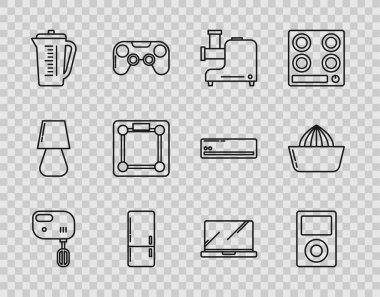 Elektrik karıştırıcı, müzik çalar, mutfak kıyma makinesi, buzdolabı, ölçü kabı, banyo terazisi, dizüstü bilgisayar ve meyve sıkacağı ikonu. Vektör