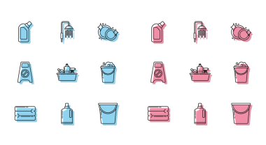 Hat havlu yığını, sıvı bulaşık deterjanı için plastik şişeler, köpüklü ve köpüklü kova, ıslak zemin temizleme süreci ve duş başlığı suyu akan ikon damlaları. Vektör