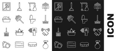 Sabit hat, lastik eldiven, paspas, çöp tenekesi, silecek, sabun köpüklü plastik leğen ve klozet ikonu. Vektör