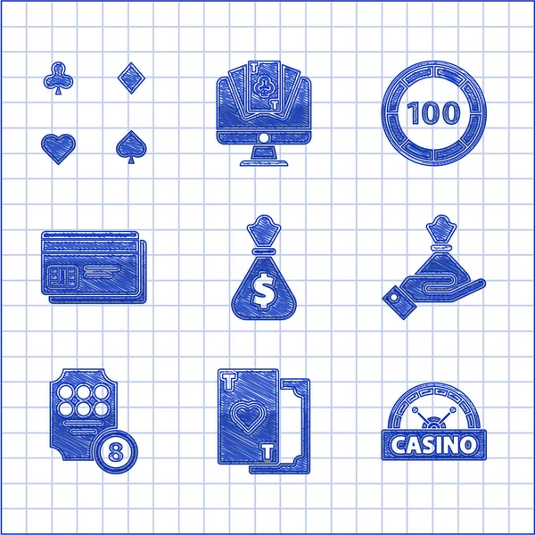 Set Money Bag Carte Gioco Con Cuore Cartello Del Casinò — Vettoriale Stock