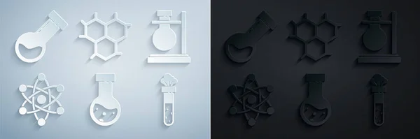 Set Reagenzglas Und Kolben Chemische Auf Stand Atom Chemische Formel — Stockvektor