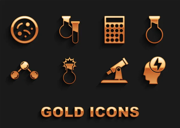 Set Test tube and flask, Head electric symbol, Telescope, Molecule, Calculator, Bacteria and  icon. Vector