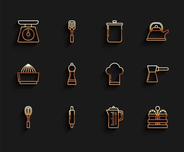 Mutfak çırpıcısını, oklavayı, pulu, çaydanlığı, tuzluğu, biberi, biberi, kahve hindisini ve aşçı şapkası ikonunu ayarlayın. Vektör