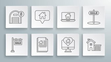 Metin Satışı, Harita işaretleme evi, ev sözleşmesi, kalp şeklini monitör, dizüstü bilgisayar ve akıllı ev ve Depo Doları sembolü ikonu. Vektör