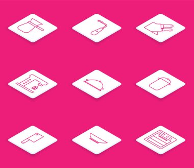 Set hattı, Türk kahvesi, Uzun elektrik çakmağı, Bıçak, elektrikli mikser tepsi yiyeceği, yemek tenceresi, et helikopteri ve bowling ikonu ile kaplanmış. Vektör