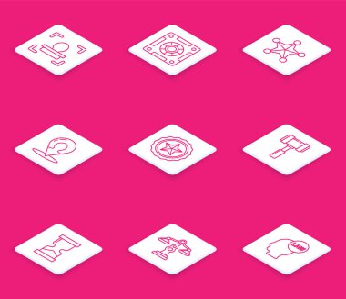 Yüz tanıma, Kasa, Hexagram Şerifi, siluetli harita, polis rozeti, yargıç tokmağı, eski kum saati ve adalet simgesi. Vektör