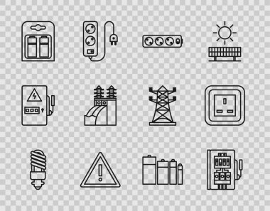 Hat LED ampulü, elektrik paneli, uzatma kablosu, üçgende ünlem işareti, pil paketi, nükleer güç santrali ve çıkış ikonu ayarla. Vektör