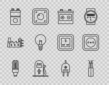 LED lamba, elektrik kablosu, araba aküsü, araba şarj istasyonu, ışık, priz ve elektrik ikonu ayarlayın. Vektör