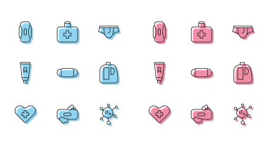 Kalp hattını, temizlik maddesi tüpü diş macunu ve ilk yardım çantası ikonu için hijyenik peçete Virüs koruyucu maske şişeleriyle donatın. Vektör.