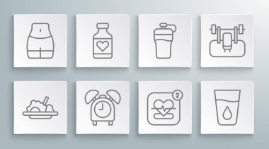 Sağlıklı yiyecek, vitamin hapı, alarm saati, kalp atış hızı, Glass Water Fitness Shack, Bench Barbel ve Kadın bel ikonu. Vektör.