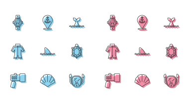 El feneri deniz kabuğu yüzgeci dalış maskesini takın. Okyanus yüzgeci yüzgeci yüzgeci dalgıç giysisi ve çapa ikonlu konum. Vektör.