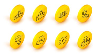 Dünya Sağlık Maskesi Iceberg ve Enkaz halindeki petrol tankeri ikonu tutan Tornado Eller su seviyesindeki Güneş CO2 emisyonlarında yükselme hattı oluştur. Vektör.